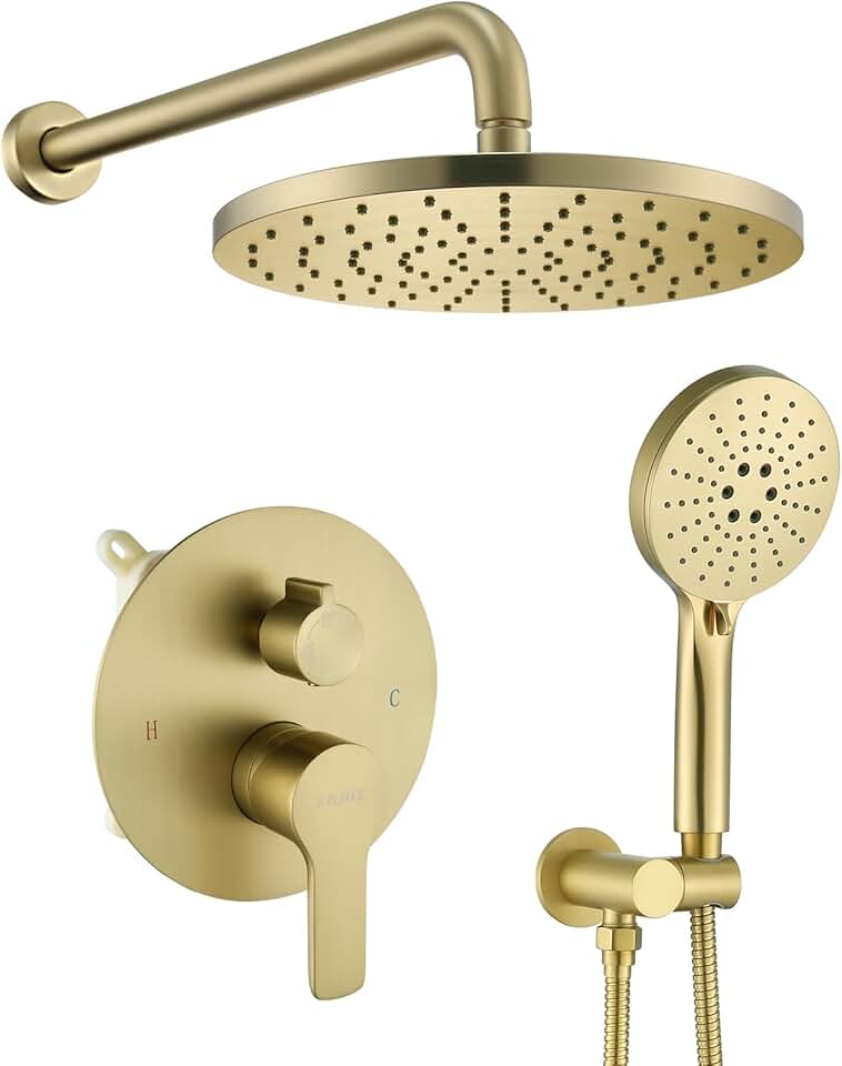 Shower Set - Brushed Gold Finish, Powerful High Pressure Showerhead System with 3 Adjustable Settings and Handheld Capability, Valve Included