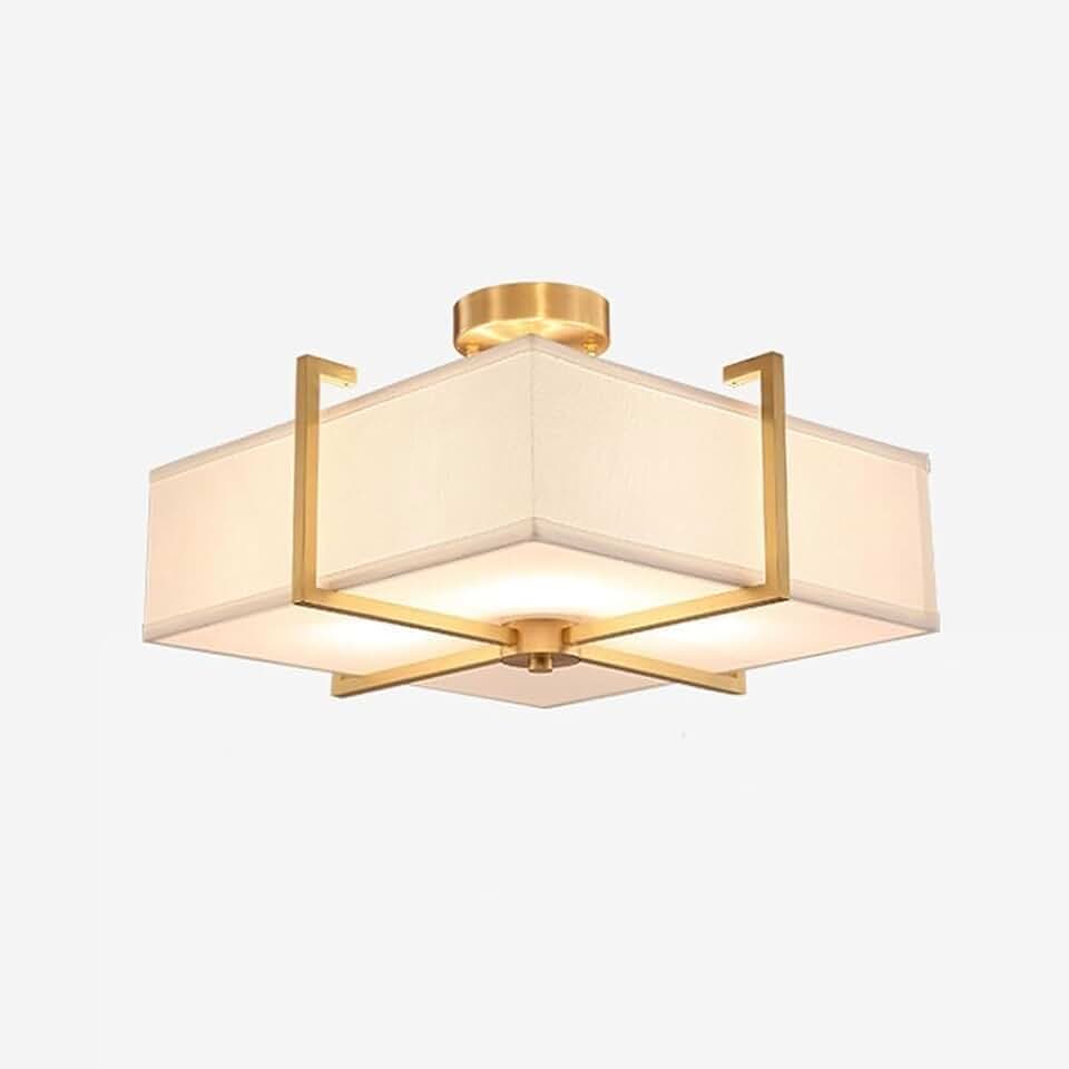 Chinese Style Square Ceiling Light,with Fabric Shade Bedroom Brass Flush Mount Ceiling Light, Home Living Room Close to Ceiling Lamp Fixtures Dining Table Ceiling Lighting Fixture