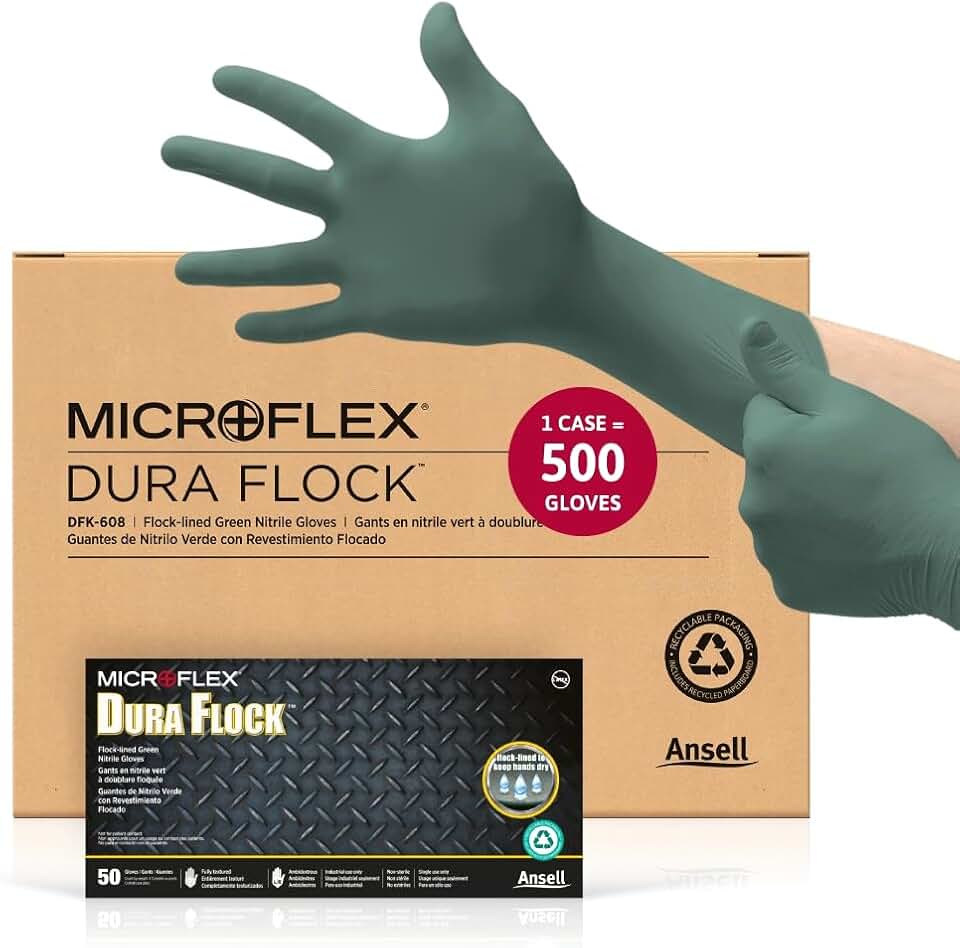 Microflex Dura Flock DFK-608 Thick 11mil Nitrile Gloves w/Flock Lining for Automotive, Aftermarket, Machinery - X-Large, Green (Case of 500)