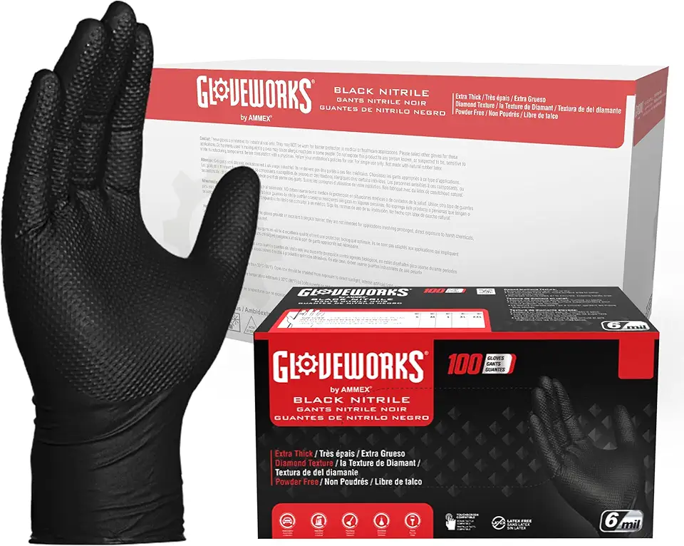 GLOVEWORKS HD Black Nitrile Gloves, 6 mil Nitrile Disposable Gloves, Latex Free Gloves Mechanics Gloves