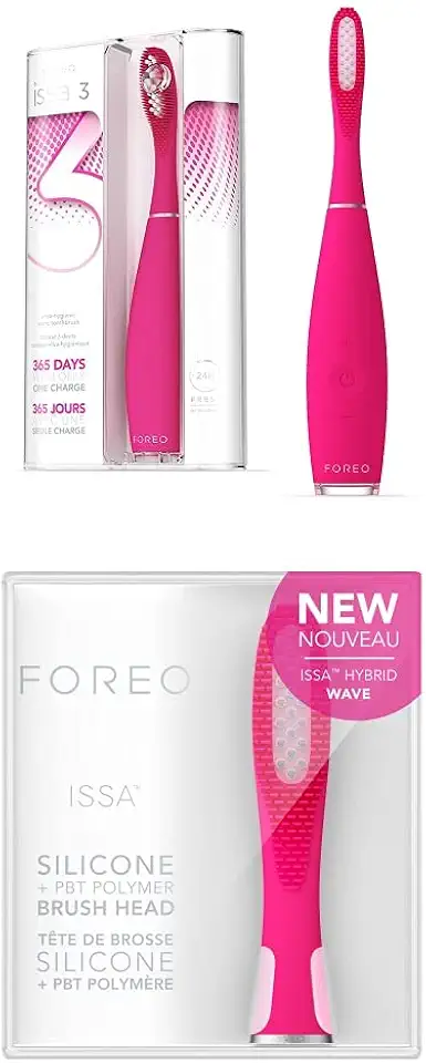 ISSA 3 Fuchsia, Rechargeable Electric Ultra-Hygienic Sonic Toothbrush with Silicone & PBT Polymer BristlesFOREO ISSA Hybrid Wave Brush Head Fuchsia,