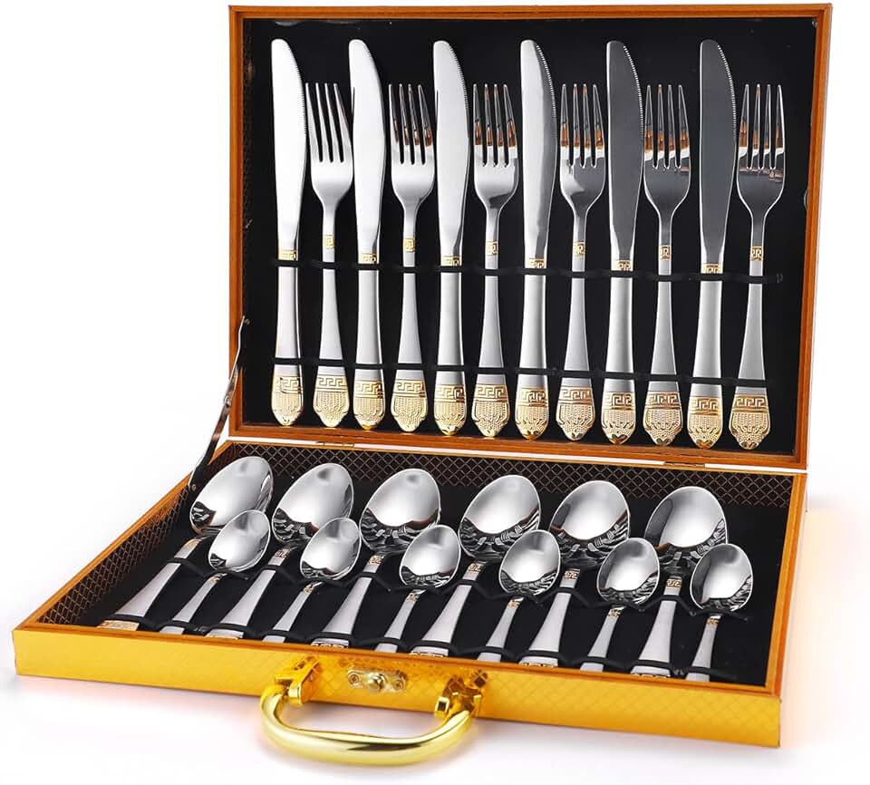 Silverware Set 48 Piece Unique Stainless Steel Tableware Cutlery Set Dinnerware Flatware Set for 12 Utensil Sets Spoons Knives Forks for Home Kitchen Restaurant Silver Tableware Set w/Gold Accents