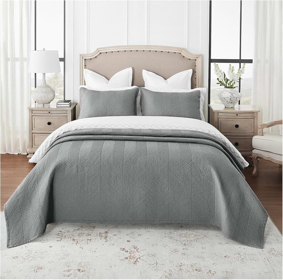 Calla Angel Evelyn Stitch Chevron Luxury Pure Cotton Quilt, Gray, Chevron, 3 Pieces King Quilt Set