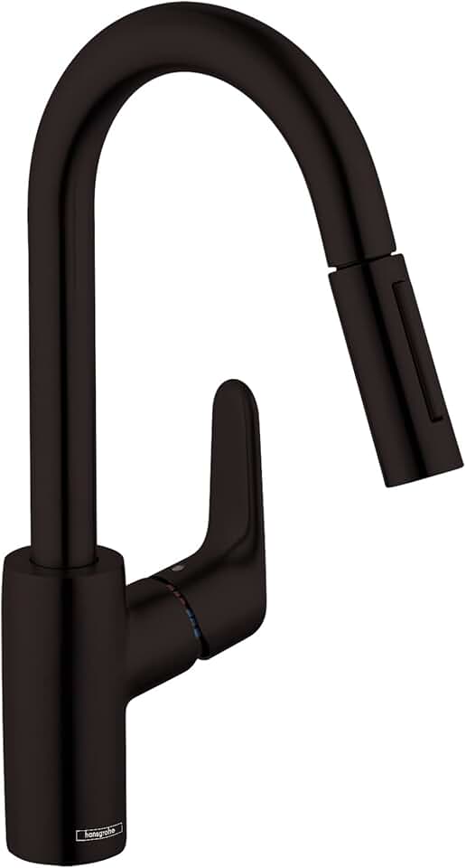 hansgrohe Focus Black Bar Kitchen Faucet, Kitchen Faucets with Pull Down Sprayer, Faucet for Kitchen Sink, Magnetic Docking Spray Head, Matte Black 04506671, 1.75