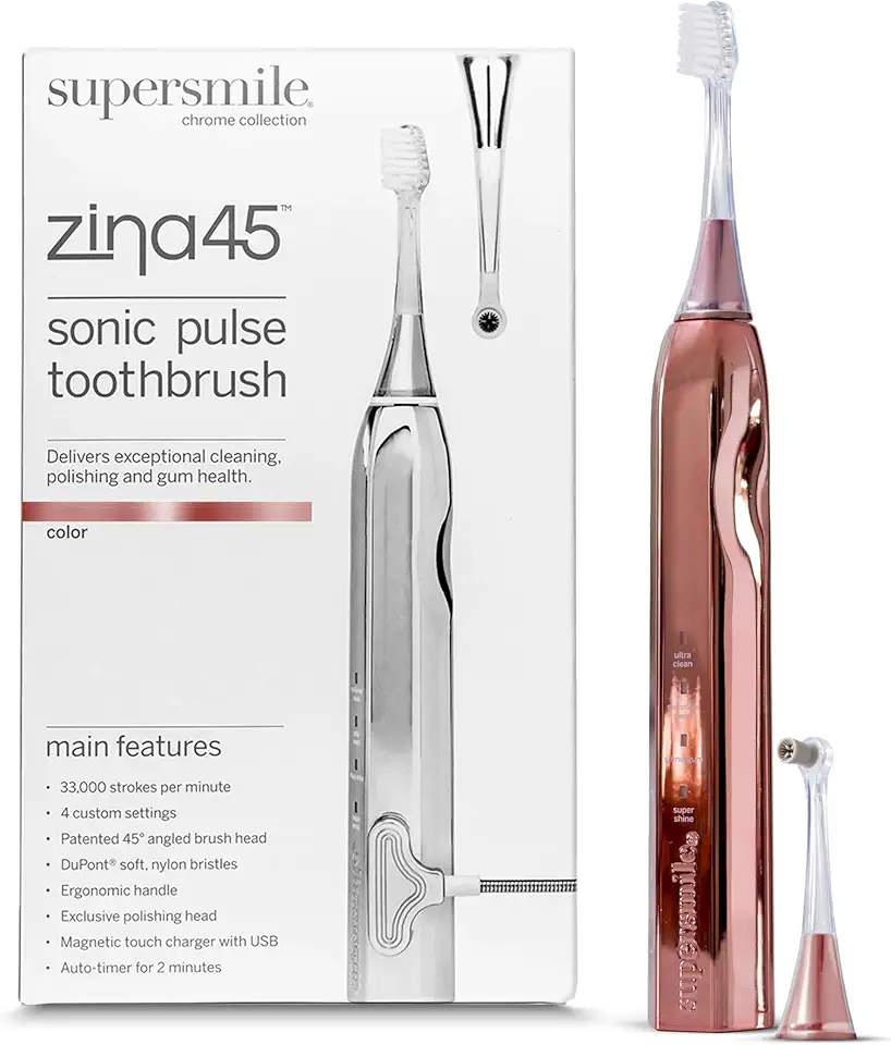 Zina45 Sonic Pulse Electric Toothbrush - Rechargeable Whitening Tooth Brush w/Polishing Head - 4 Cleaning Modes, Rose Gold