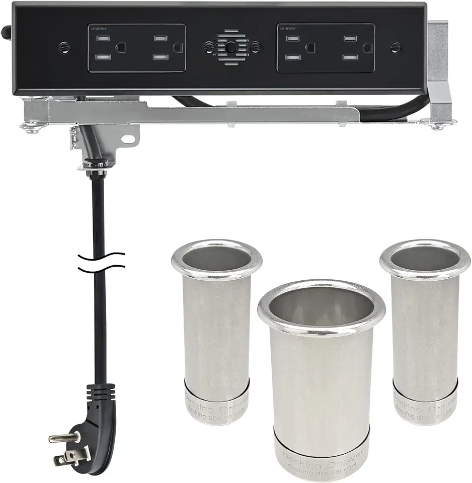 in-Drawer Outlet & Canister Tube Bundle | Docking Drawer Blade (4 AC Outlets) | Stainless Steel Capped Canisters (3, 2, 2