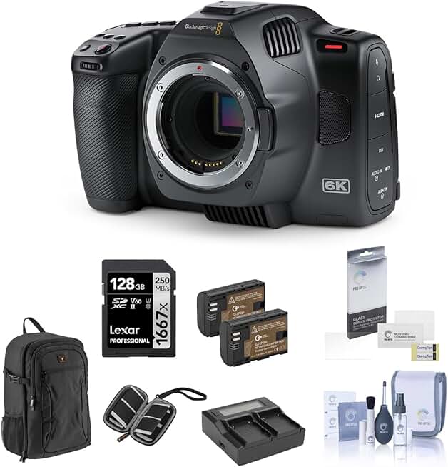 Blackmagic Design Pocket Cinema Camera 6K G2 Bundle with 128GB SD Card, Backpack, 2X Battery, Charger, Screen Protector, SD Card Case, Cleaning Kit