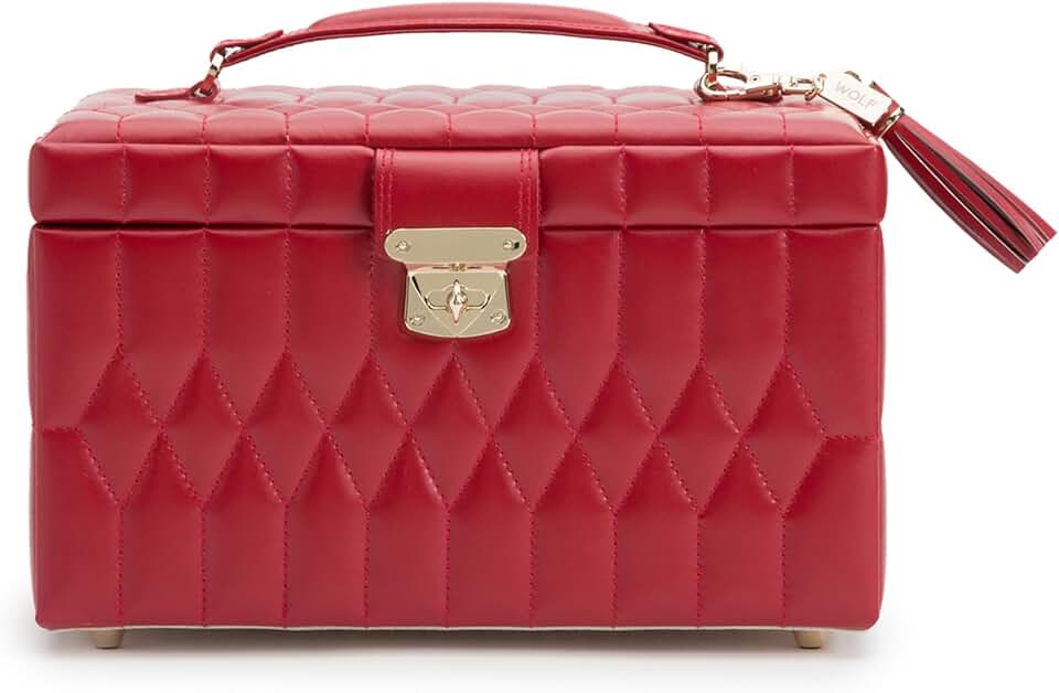 WOLF Caroline Medium Jewelry Case, Red - 15 Compartments & Seven Ring Rolls - Anti-Tarnish LusterLoc Lining - Includes Travel Case