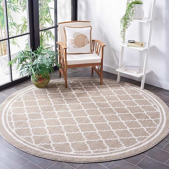 SAFAVIEH Amherst Collection 8' Round Wheat/Beige AMT422S Moroccan Trellis Non-Shedding Living Room Bedroom Area Rug