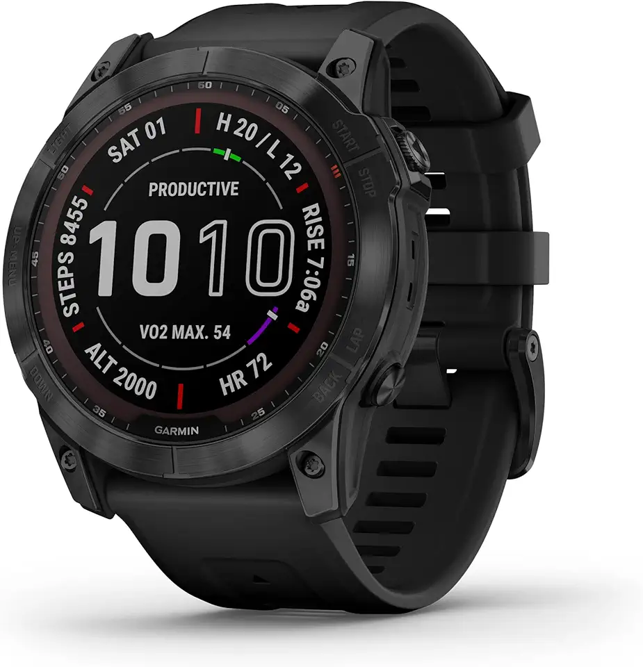 Garmin fenix 7X Sapphire Solar, Larger sized adventure smartwatch, with Solar Charging Capabilities, rugged outdoor watch with GPS, touchscreen, wellness features, black DLC titanium with black band