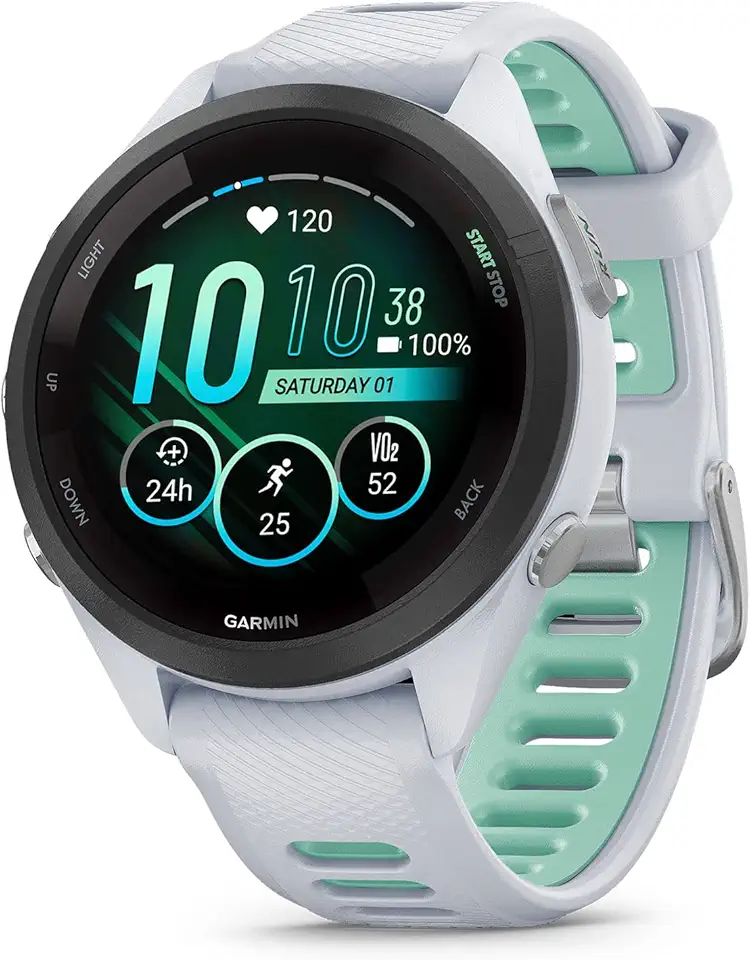 Garmin Forerunner 265S Running Smartwatch, Colorful AMOLED Display, Training Metrics and Recovery Insights, Whitestone and Neo Tropic 42 mm