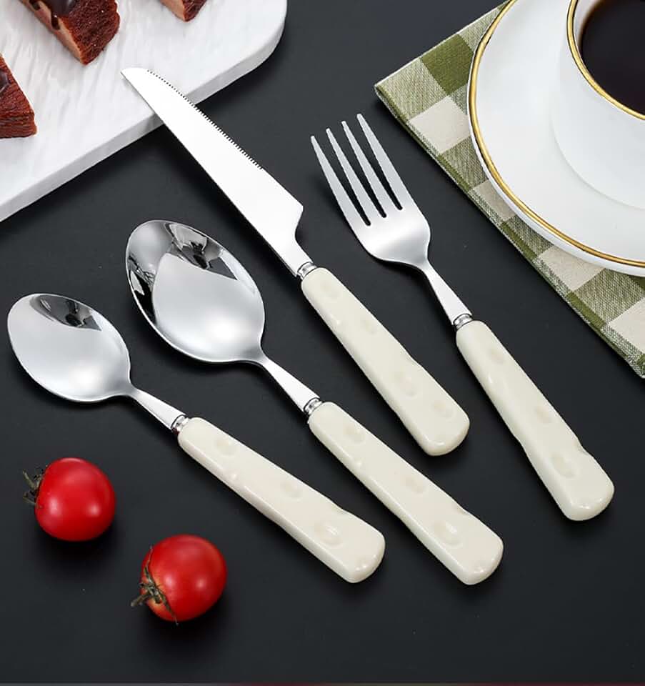 Unique Silverware Set for 10 With Cheese Pattern Handle Premium 18/10 (304) Stainless Steel Tableware Cutlery 40-Piece Knifes Forks Spoons Eating for Home Kitchen Hotel Restaurant White