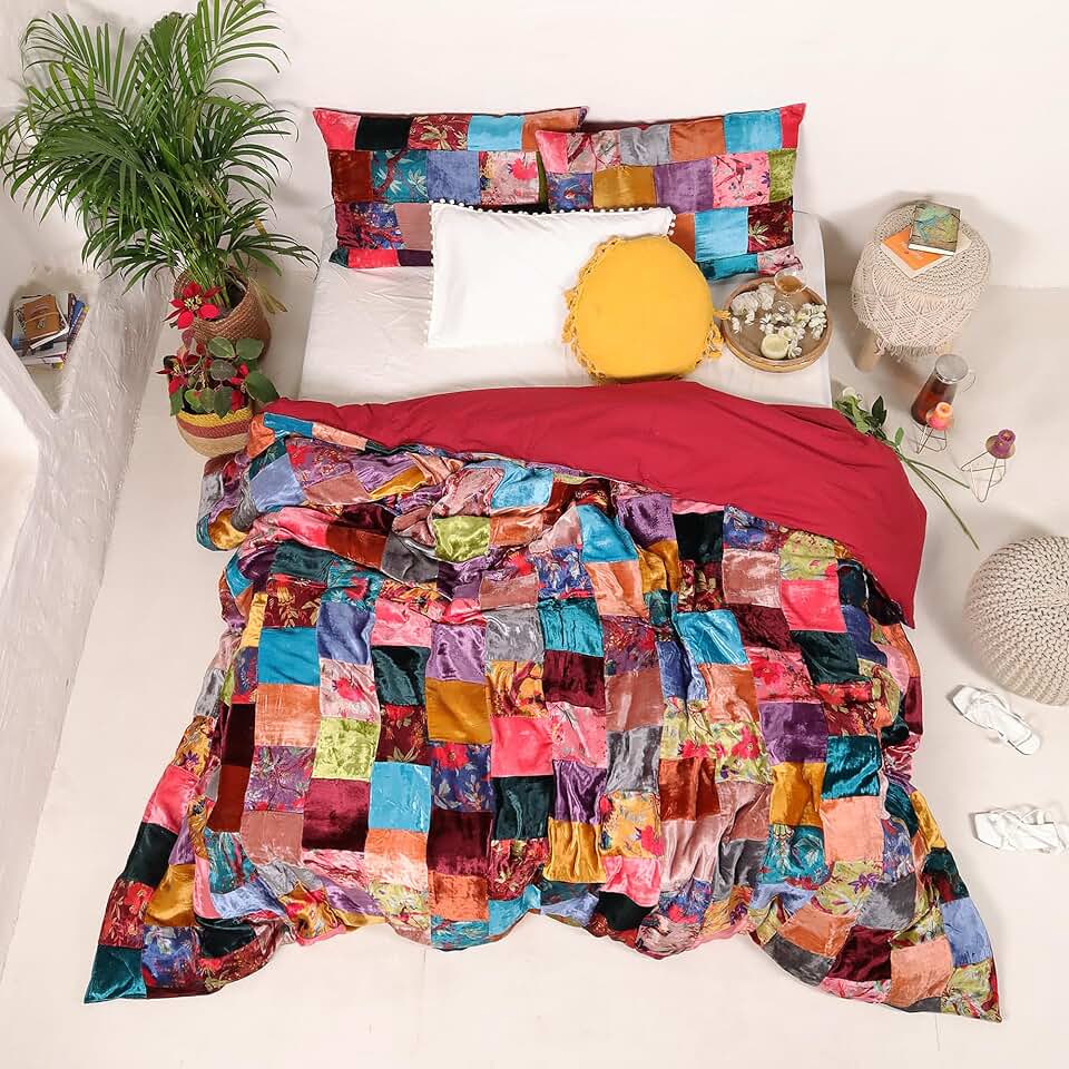 Sophia-Art 3 Pcs Set Ultra Luxury Rayon Velvet Solid Pattern Bedding Cover Comforter Cover with 2 Pillow Shames UO Comforter (Patch Assorted, Oversized King 120