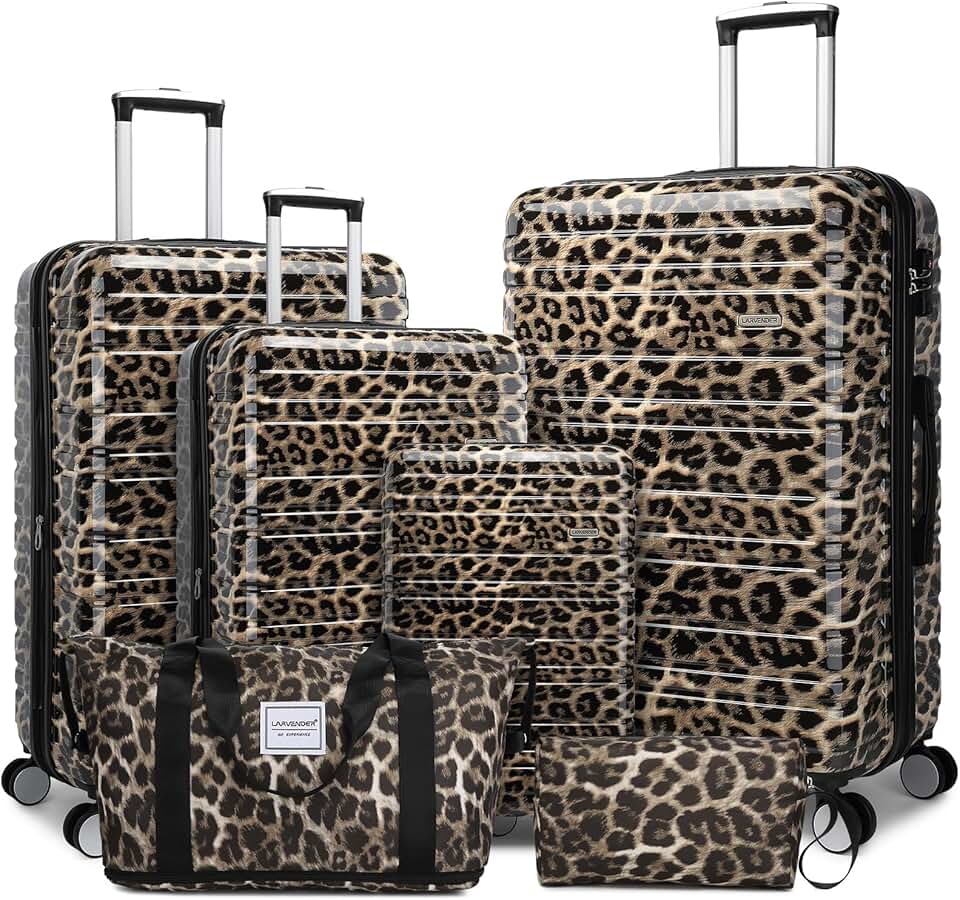 LARVENDER Luggage Sets 6 Piece, Expandable Luggage Hardside PC+ABS Leopard Suitcase Sets with Spinner Wheels TSA Lock, Lightweight Rolling Suitcase for Men and Women, Cheetah Print