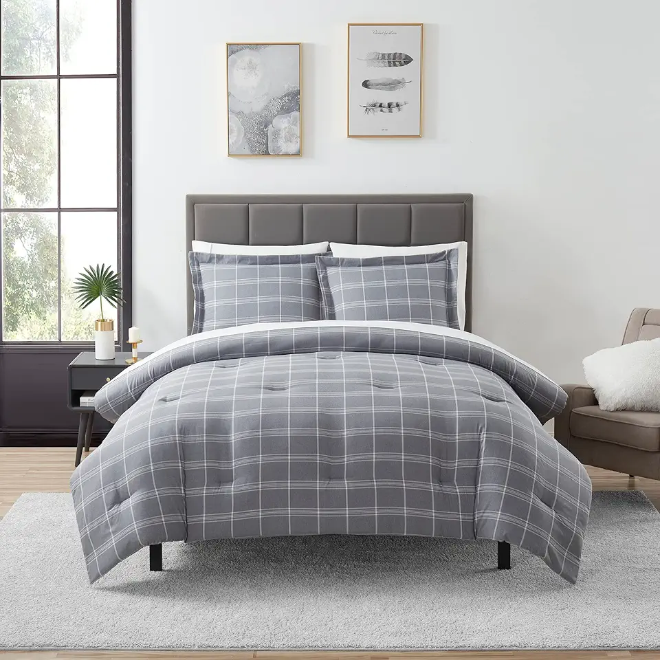 7 Piece Comforter Set Bag Solid Color All Season Soft Down Alternative Blanket & Luxurious Microfiber Bed Sheets, Twin, Gray Plaid (Pack of 4)