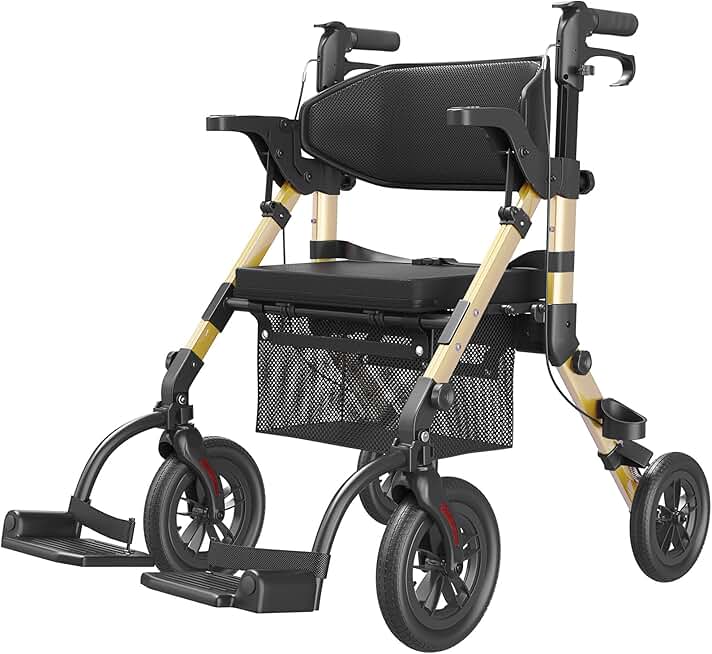 Walkers for Seniors, Rollator Walker with Seat, Transport Wheelchair Lightweight Foldable, Adult Rolling Walker, Rollator Transport Chair with Brakes, 2 in 1 Walker Wheelchair Combo Z51-2024 New