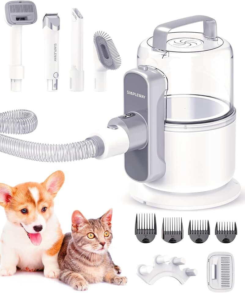 Pet Grooming Vacuum, 6 in 1 Dog Grooming Kit with 3 Suction Mode and Large Capacity Dust Cup, Dog Vacuum for Shedding Grooming and Pet Vacuum for Dog Hair at Home (Greyish White)