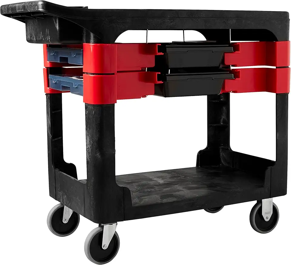 Rubbermaid Commercial Products Mobile Work Bench Station, Tool Utility Cart with Shelves
