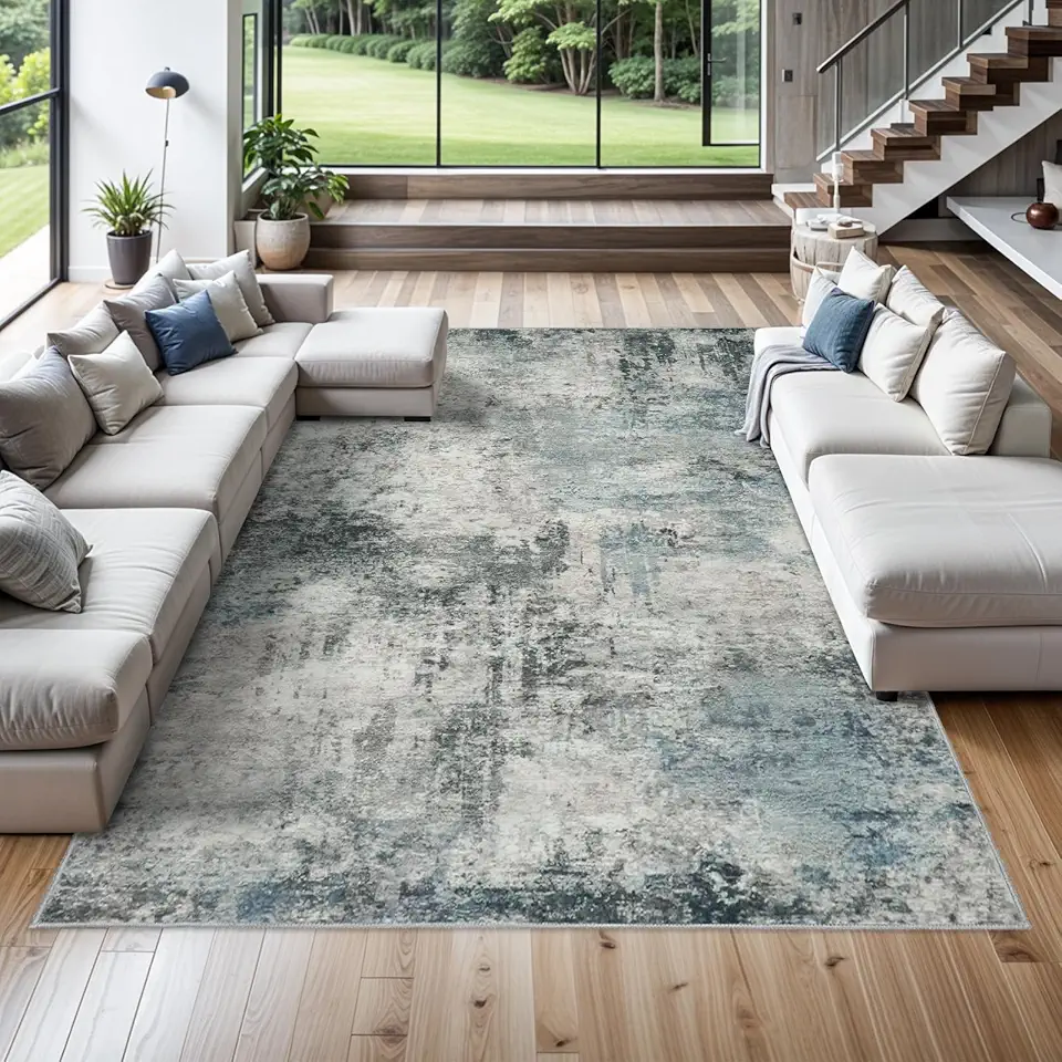 RUUGME Abstract 10X14 Washable Rug - Area Rugs for Living Room Large Indoor Ultra Thin mat for Bedroom Stain Resistant Non-Slip Backing Distressed Soft Room Farmhouse Floor Carpet 10X14 Blue