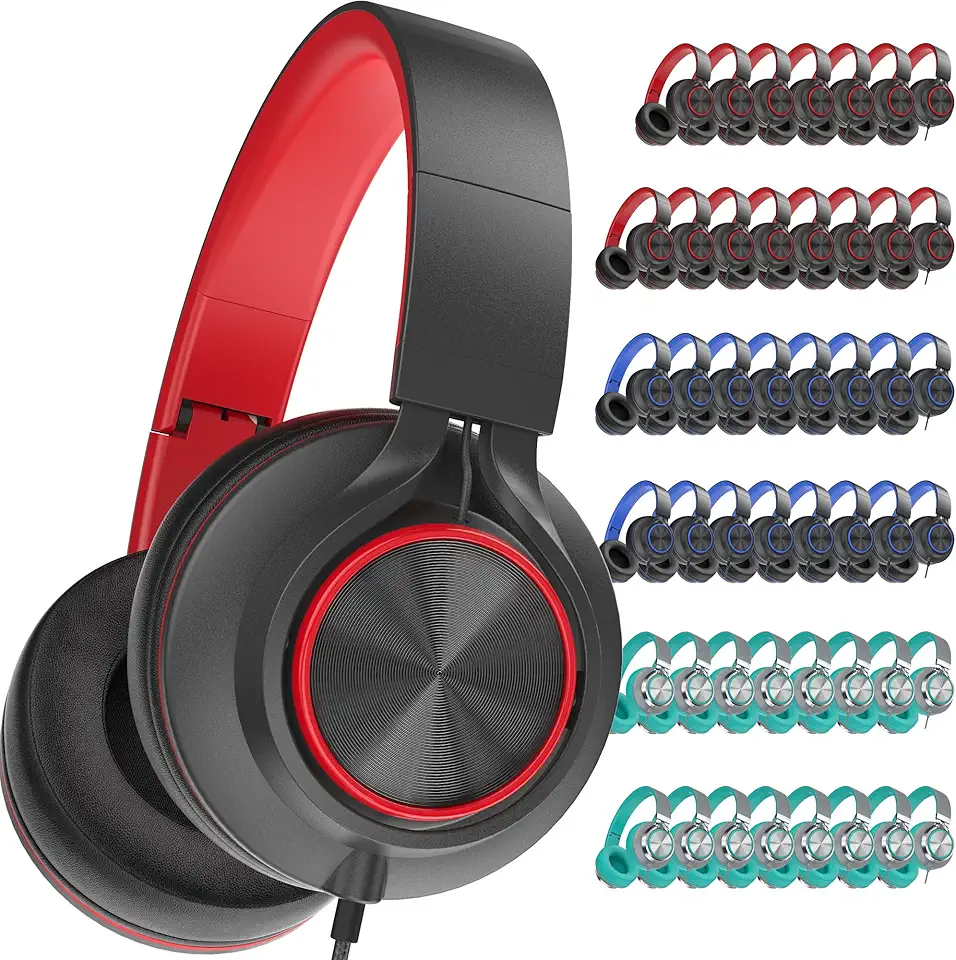Wired Headphones Bulk with Microphone for School Kids, Over-Ear Classroom Headsets for Teens Children Chromebook Computer, 3.5mm Jack, Foldable, No-Tangle Cord, Bundle Pack (48 Pack)