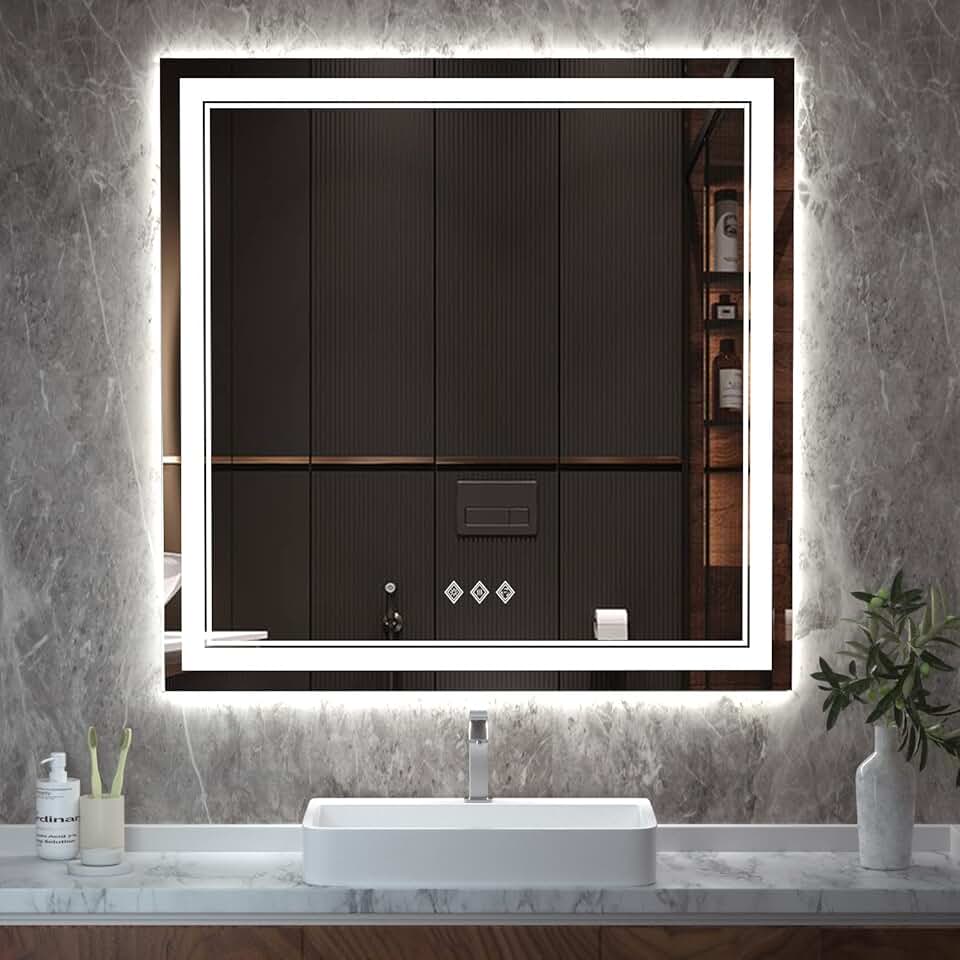 LED Mirror for Bathroom, 36x36 Inch Gradient Front and Backlit LED Bathroom Mirror, 3 Colors Dimmable CRI>90 Double Lights, Enhanced Anti-Fog, Hanging Plate Wall Mount Lighted Vanity Mirror