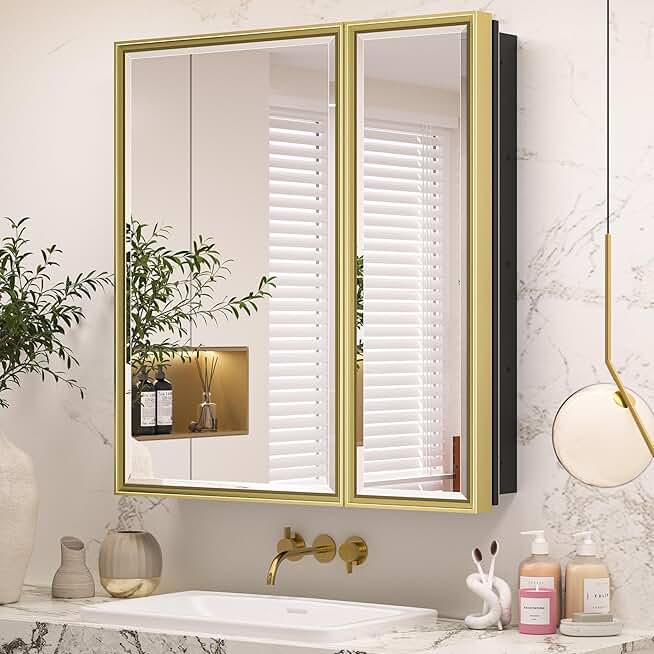 Keonjinn 30 x 32 Inch Gold Bathroom Medicine Cabinets with Mirror Aluminum Alloy Frame with Beveled Edges Recessed or Surface Wall-Mounted Metal Framed 2 Doors Medicine Cabinet for Bathroom Vanity