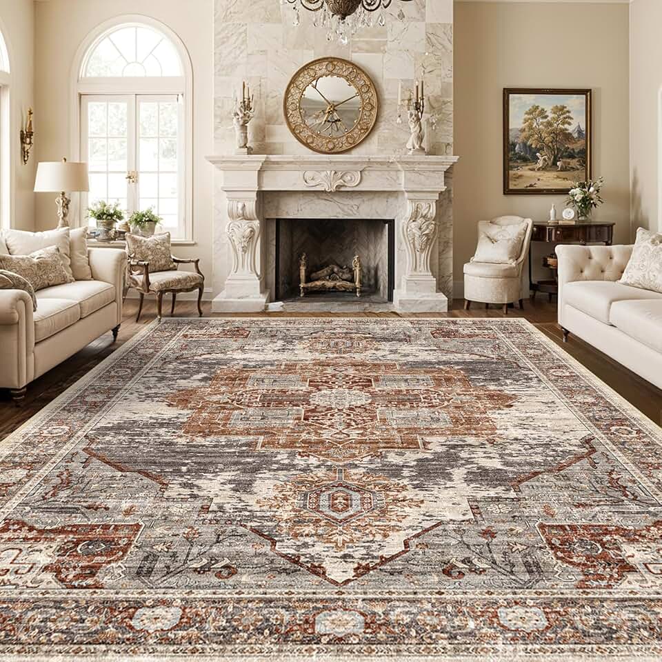 RUUGME Washable 10x14 Area Rugs - Large Rugs for Living Room Stain Resistant Carpet Vintage Rugs for Bedroom with Non Slip Backing Home Decor Floor Decoration Mat 10x14 Brick
