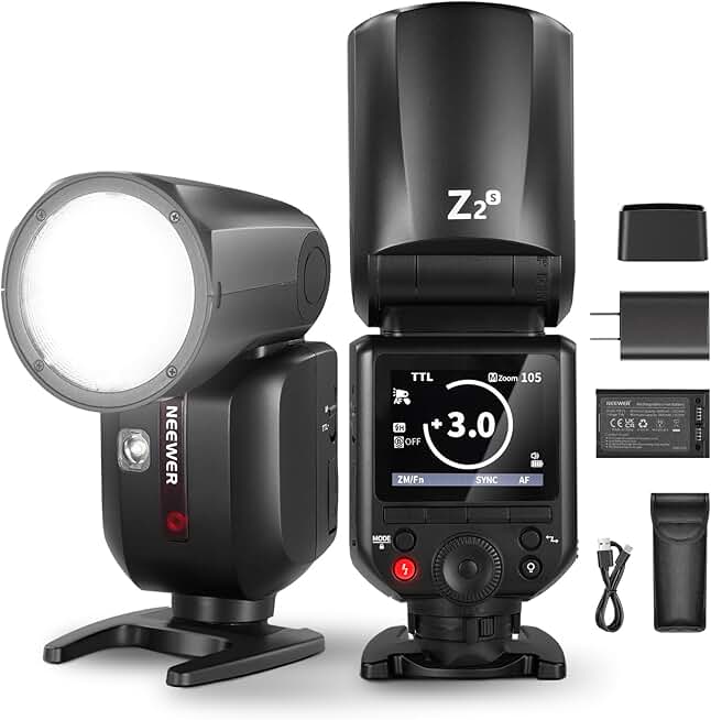 NEEWER Z2-S 2.4G TTL Round Head Flash Speedlite for Sony, Upgraded UI, 2 Adjustable Modeling Lamps, TTL/M Quick Switch TCM Key, 76Ws Speedlight 1/8000s HSS 7.4V/2600mAh Battery 480 Full Power Flash