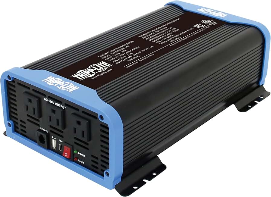 Tripp Lite 1500W Compact Pure Sine Wave Power Inverter, 3 Outlets, 1 USB + 1 USB-C Charging Ports, Remote Control via RJ12 Telephone Cable, Included Mounting Brackets, 2-Year Warranty (PINV1500SW-120)