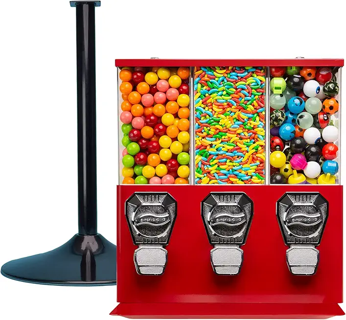 Vending Machine - Commercial Gumball and Candy Machine with Stand - Red Triple Vending Machine with Interchangeable Canisters - Coin Operated Candy Dispenser and Gumball Machine - Vending Dispenser