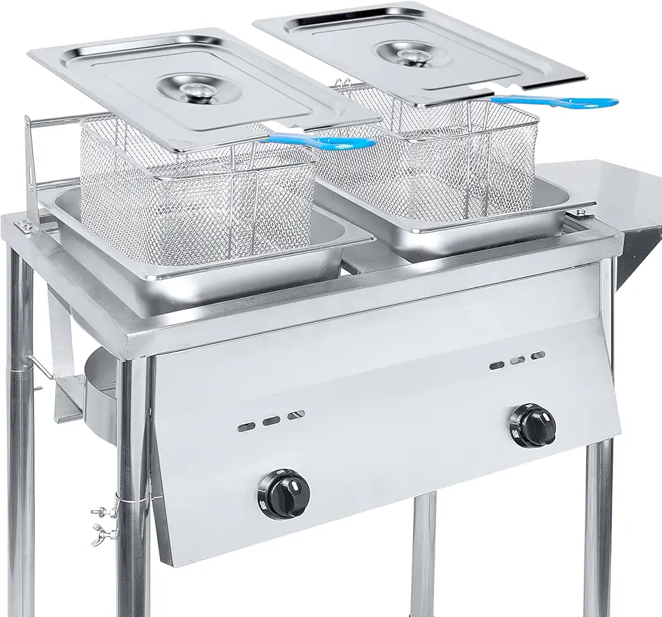 Silver Deep Fryer with Thermometer, Propane Deep Fryer with 2 Stainless Steel Baskets & Lids, Adjustable Temperature with Regulating Knobs