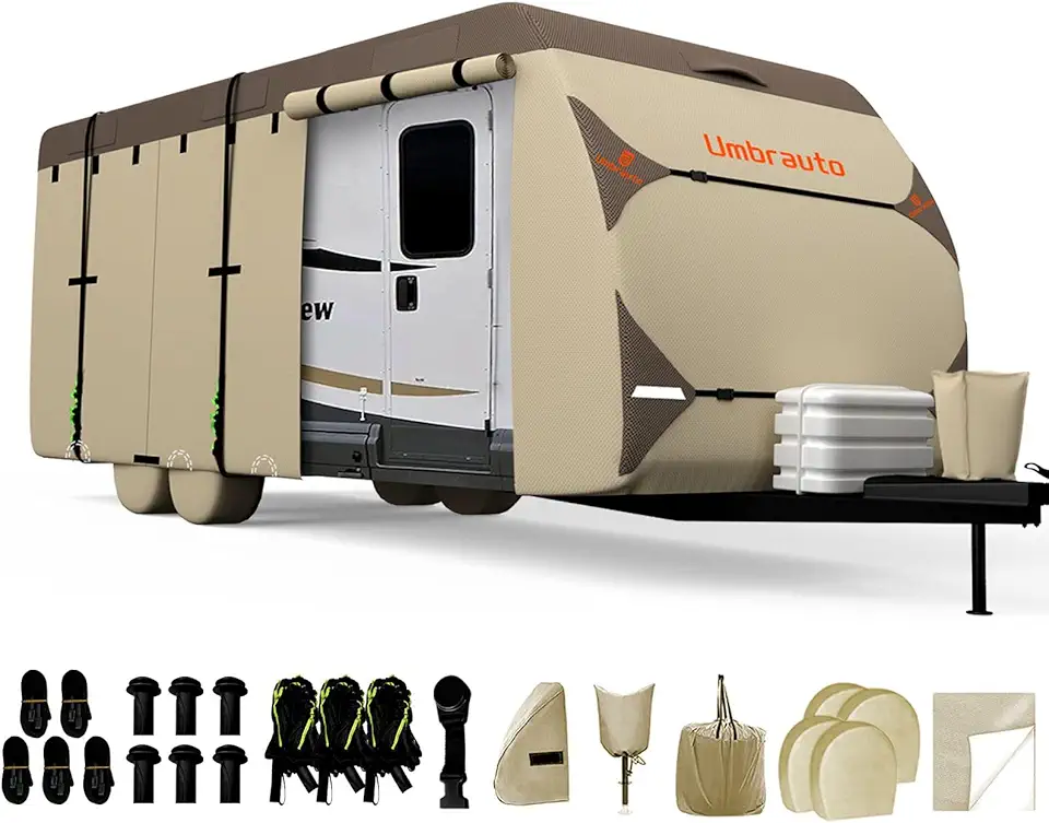 Umbrauto Travel Trailer RV Cover 2024 Upgraded 7 Layers Top 3 Layers Side Waterproof Camper Cover for 33' to 35' RV with 4 Trailer Tire Covers,Tongue Jack Cover,Gutter Cover and Extra Windproof Ropes