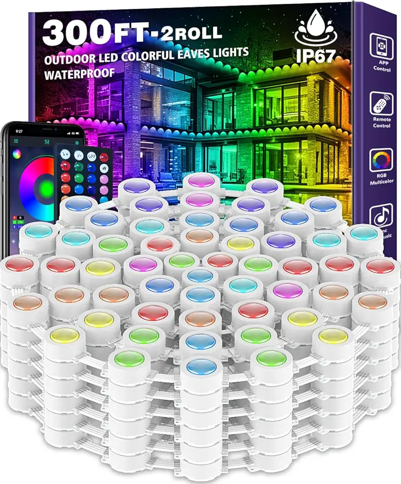 300FT Permanent Outdoor Lights,RGB Eaves Lights with App Control Remote,DIY Scene Modes IP67 Waterproof Outdoor Under Eave Lighting,Outdoor Lights for Outdoor Decor,Garden Decor