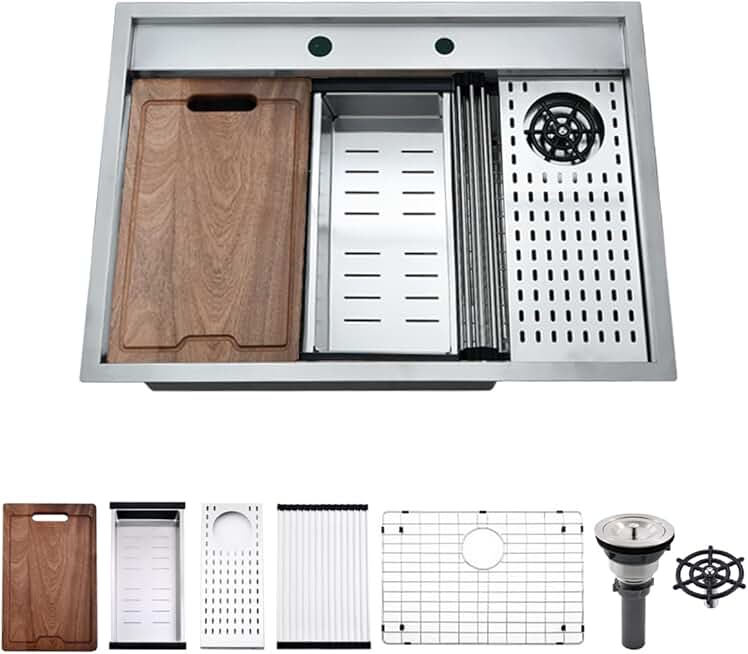 28 Inch Drop In Kitchen Sink with Glass Rinser Workstation-VOKIM 28x22 Drop In Kitchen Sink Workstation Stainless Steel 16 Gauge Deep Single Bowl Kitchen Sink