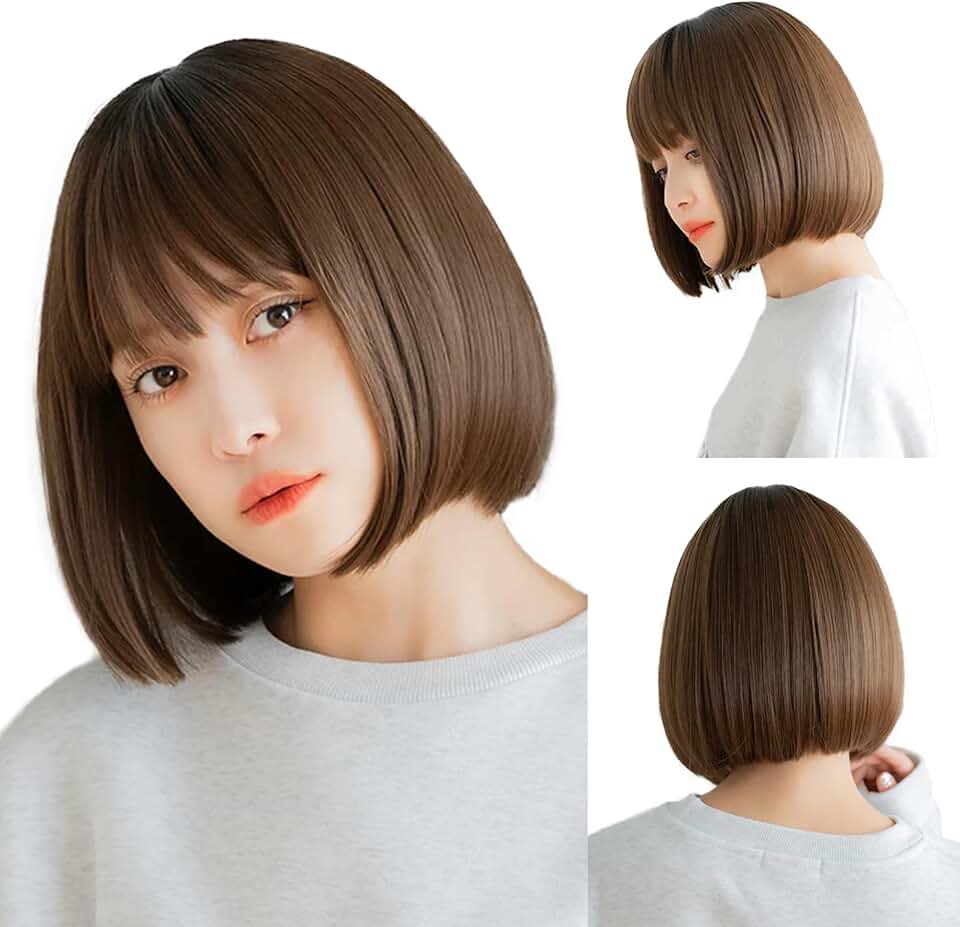 Mini Bob Medical Chemo wig, Hand Tied Lace Front, Synthetic Hair Wig for Blonde and Asian Women. Using Heat-stylable and Resistant Fiber, (Milky Mocha Brown with Dark Roots)