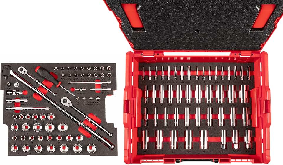 TEKTON 1/4, 3/8 Inch Drive 6-Point Socket Set with Lid Insert in Stacking Tool Box, 105-Piece (5/32-1 in., 4-24 mm) | OLB91301