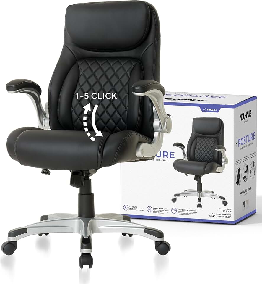Nouhaus +Posture Ergonomic PU Leather Office Chair. Click5 Lumbar Support with FlipAdjust Armrests. Modern Executive Chair and Computer Desk Chair (Black)