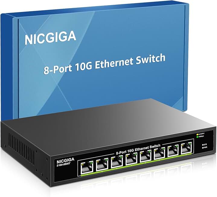 8 Port 10G Ethernet Switch Unmanaged,with 8X 10Gb Base-T Ports, NICGIGA 10Gbps Network Switch Easy for 10G NAS,PC,WiFi7 Router,10G Adapter/NIC. Desktop or 19-inch Rack Mount, Plug and Play.