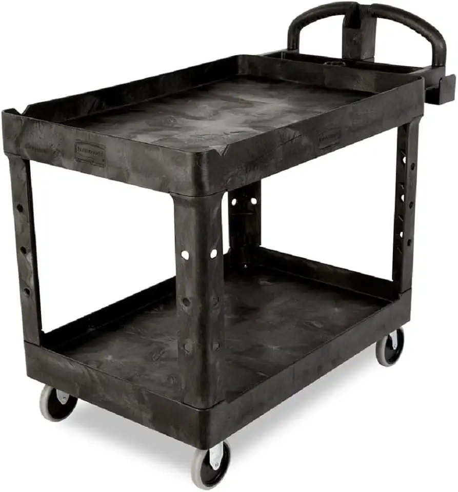Rubbermaid Commercial Products Heavy-Duty 2-Shelf Rolling Utility Cart with Ergonomic Handle, Lipped Shelves, Large, Black Perfect for Office, Classroom or Home Use (FG454600BLA)