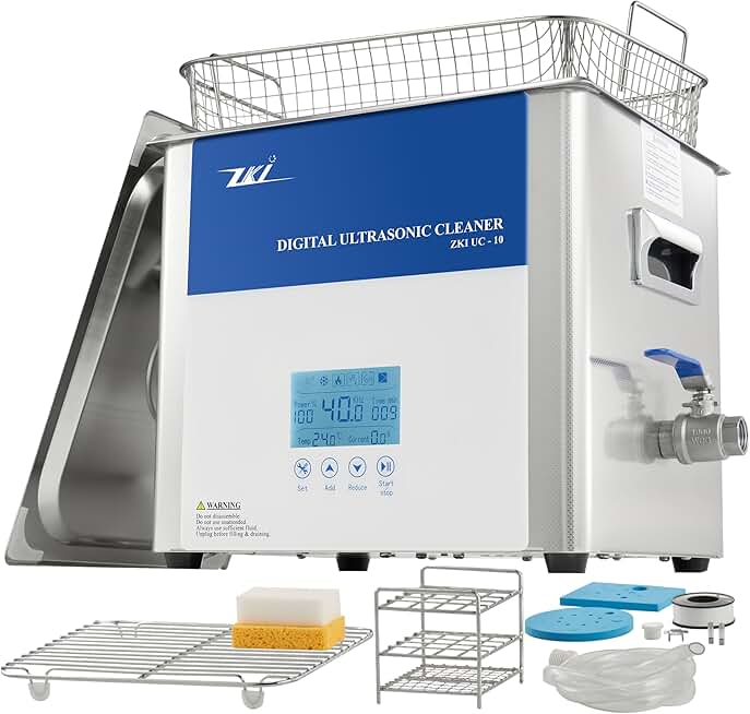 ZKI 10L Digital Ultrasonic Cleaning Machine, Adjustable Heater/Intensity/Timer Ultrasonic Cleaner, Degas Mode, Low-Noise, 12+ Hrs Run Time, Ideal for Jewelry, Lab, Glasses, Dentures, Ind. (110V/600W)