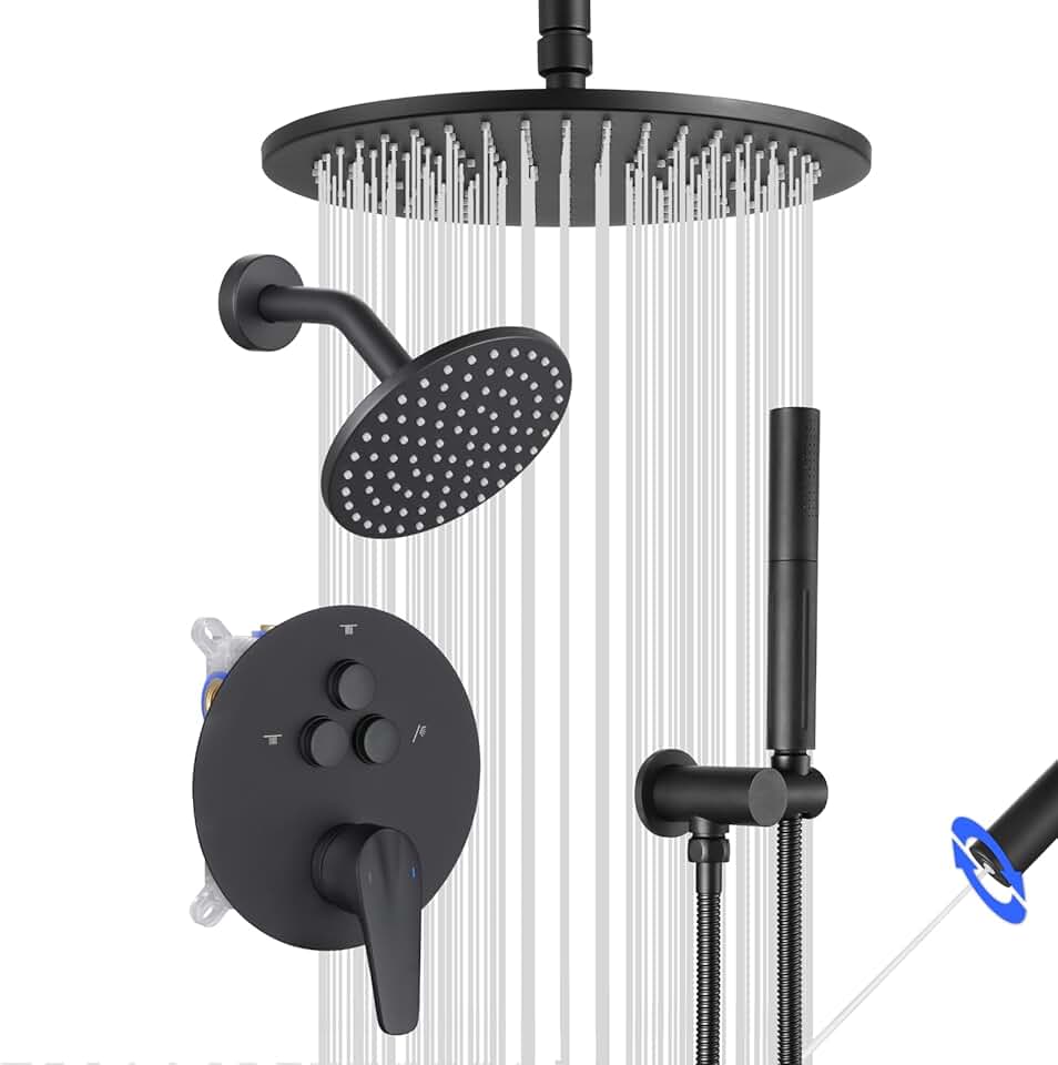 Shower System Matte Black, Push Button Diverter Shower Faucet with 2 in 1 Handheld, Ceiling Mount 10 Inch Shower Head with 6 Inch Wall Mount Shower Head