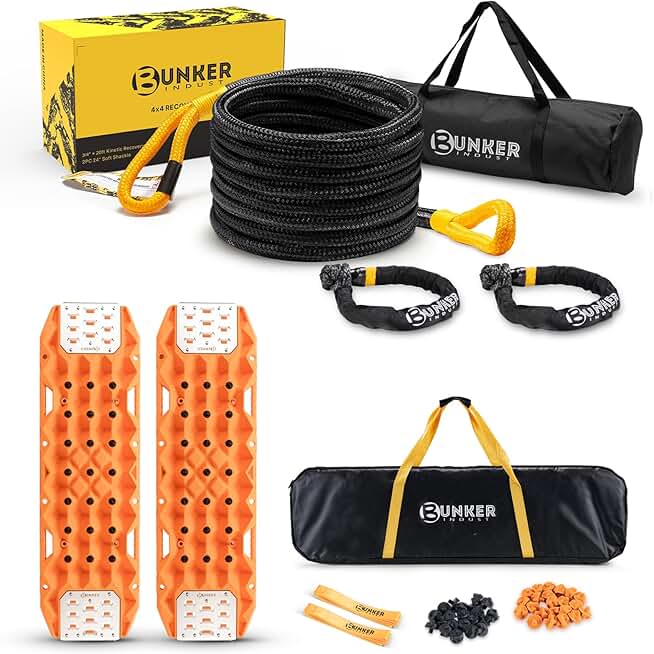 BUNKER INDUST Offroad Traction Boards with Jack Base Red + 3/4in×20ft Kinetic Recovery Rope with 2 Soft Shackles Kit