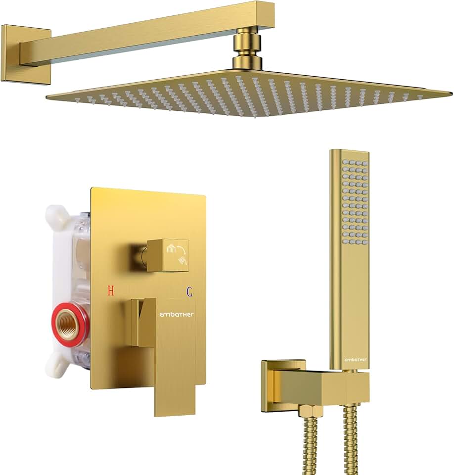 EMBATHER Brushed Gold Shower System- 10 inch Shower Faucet Sets with Rain Shower Head Hand Held Shower Head for Bathroom, Wall Mounted Square Shower Combo Set (Contain Shower Valve and Trim)