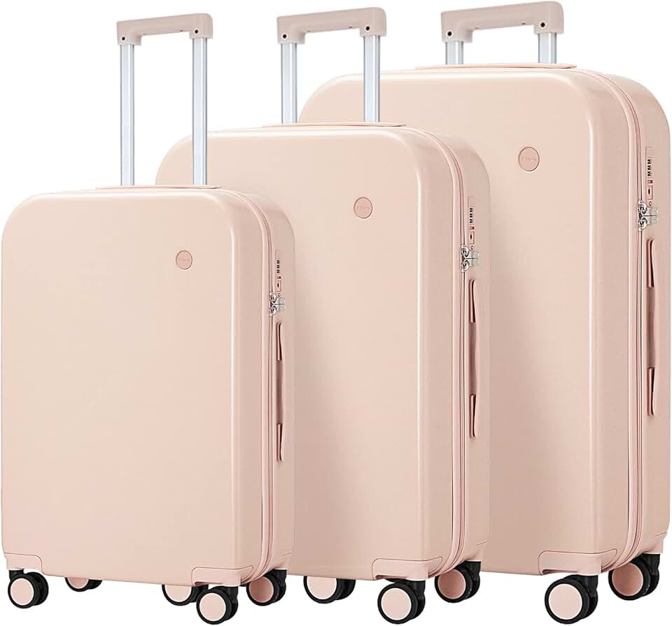 Mixi 3-Piece Luggage Set Hardside PC Travel Suitcase Rolling Bag Spinner Wheels TSA Lock, 20+24+28 Pink, with Cover