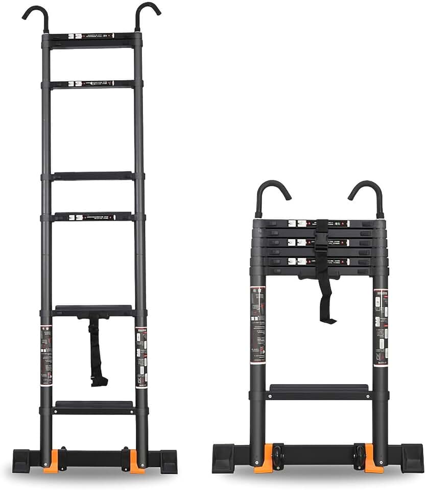 Extendable Ladders 6m/5m/4m/3m/2m Non-Slip Portable Folding Aluminum Telescopic Extension Ladder with Wheels & Removable Hooks, for RV Home Outdoor, 330 LBS Capacity