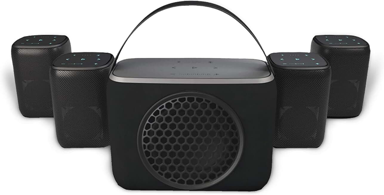 Rocksteady Stadium 2: Four Speakers and One Subwoofer Bundle - Immersive, connectible, and up to 150 ft of range. Up to 30 hours of battery life.