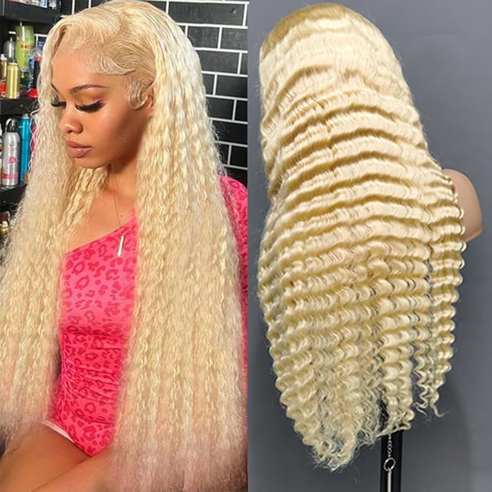 613 13x6 HD Blonde Lace Front Deep Wace Wigs Human Hair Pre Plucked Transparent Lace 200% Density Glueless 613 HD Lace Frontal Deep Wave Wigs for Women (34 inch, 613 13x6 deep)