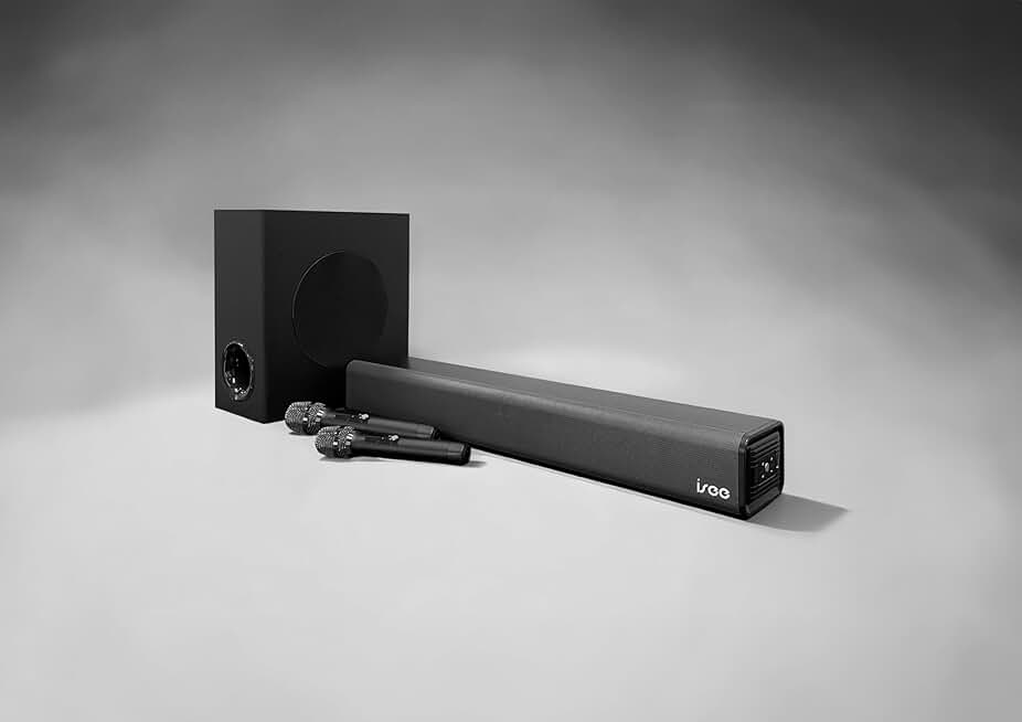 ISEE Karaoke Soundbar for TV with Subwoofer and 2 Wireless Microphones, Built-in Speakers, Karaoke Processor, Surround Stereo Sound System, Easy Setup, for Home
