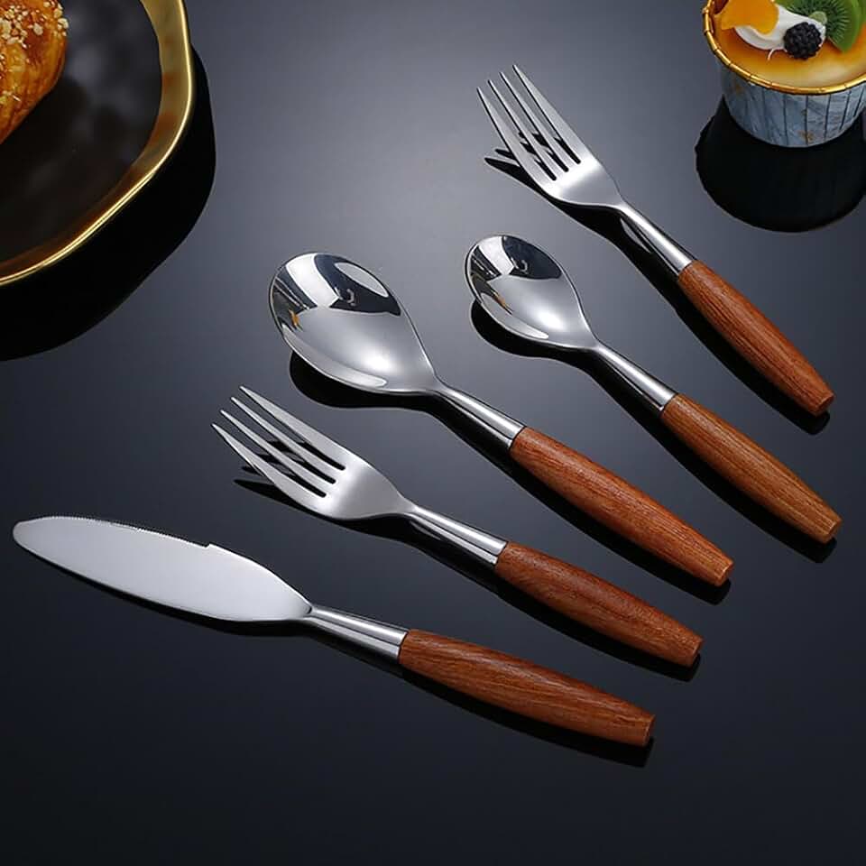 Silverware Flatware Set for 10 with Wooden Handles 18/10 Stainless Steel Tableware Cutlery Set,50-Piece Mirror Polished Natural Wood Knives Forks Spoons Set for Restaurant Hotel Family Daily