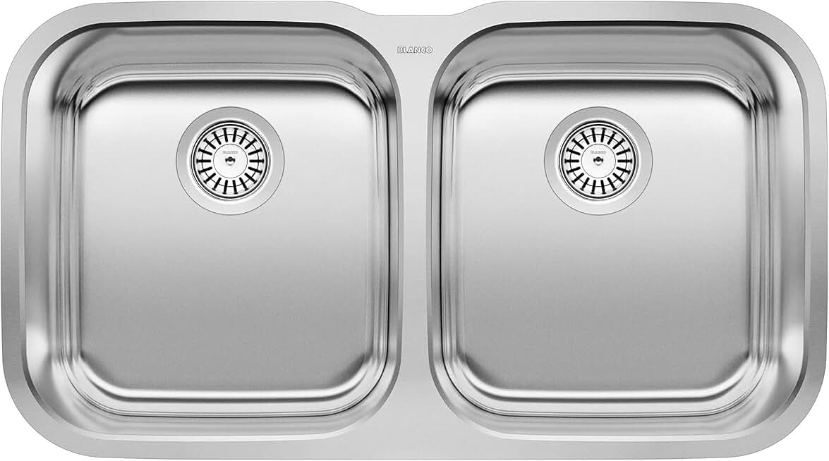 BLANCO, Stainless Steel 441020 STELLAR 50/50 Double Bowl Undermount Kitchen Sink,